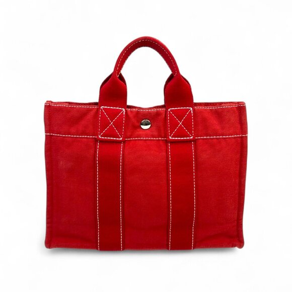 Hermes Toile Fourre Tout PM Red Canvas Mini Tote - Picture 1 of 13